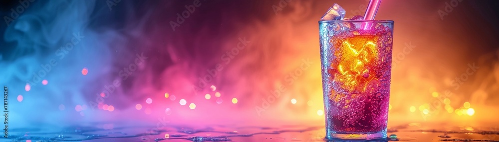 Effervescent neon soda pour, vibrant against a dark background, detailed view, futuristic refreshment Effervescent neon soda pour, vibrant against a dark background, detailed view, futuristic refreshment