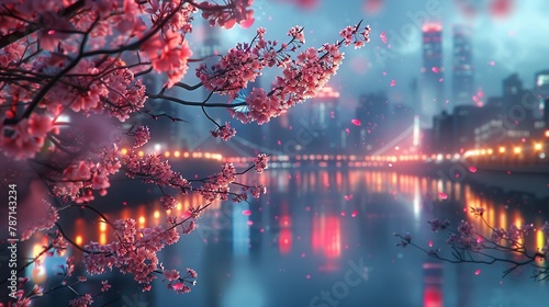 Digital art of cherry blossoms with neon lights, cool night setting, dynamic angle, futuristic city park 