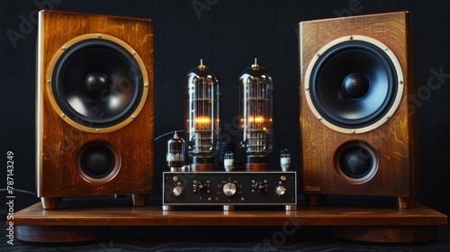On a black background, two sound speakers stand between vacuum tube amplifiers.
