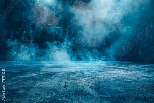 This atmospheric image captures an intense blue fog across a cracked surface, giving a sense of mystery and suspense