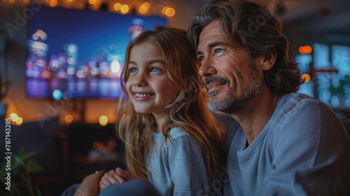 Father and daughter enjoying time together with a city lights backdrop.