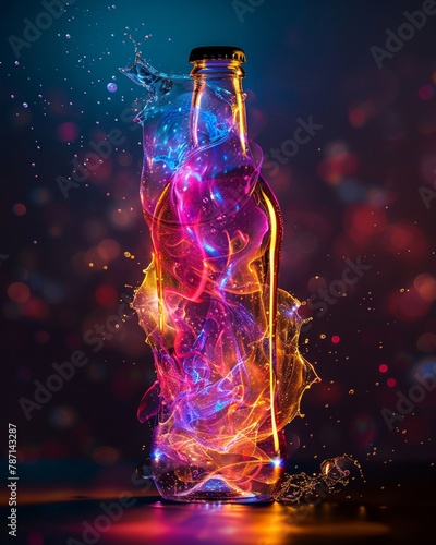 Effervescent plasma soda in a levitating bottle, vivid colors, futuristic beverage concept