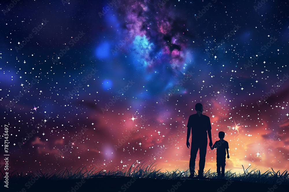 A father and son silhouette with space. Father's day concept. An adult and child are silhouetted against a magnificent cosmic sky filled with stars, nebulae, and the wonders of the galaxy.
