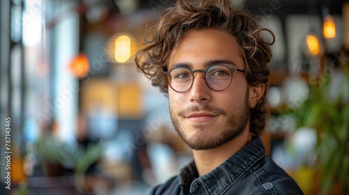 Portrait of a young man with curly hair and glasses.