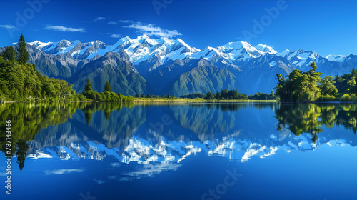 Serene Mountain Lake Reflection at Daytime.
The snowcapped mountains in New Zealand reflecting on Lake Matheson. A tranquil scene with snow-capped mountains mirrored in a crystal-clear lake. photo