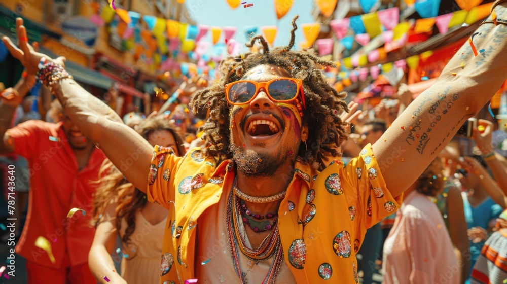 Joyful man celebrating at a colorful street festival.