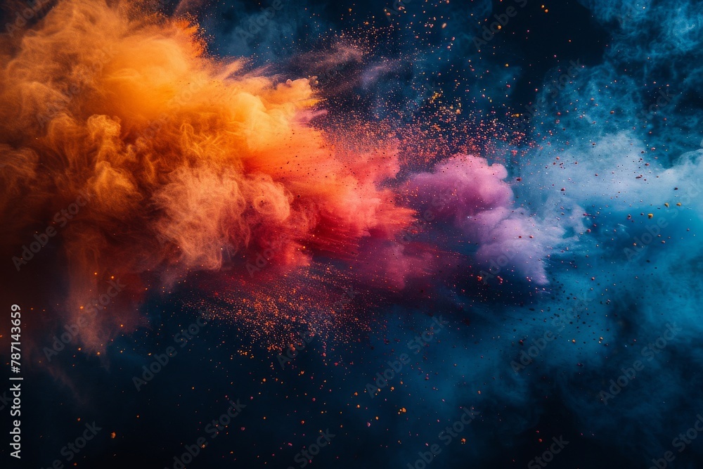 Image captures the captivating moment of blue and orange smoke mixing together against a black background