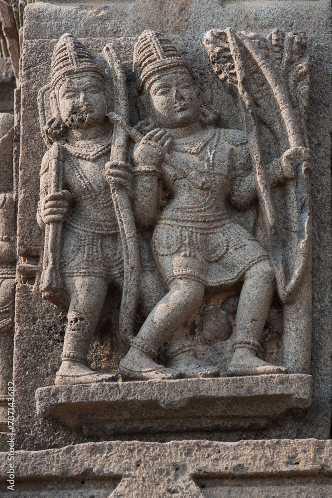 Sculptures or carvings of Ramayana on the outer wall of Lord Vishnu temple. Located in the backwater of Ujjani Dam, Palasdev, Indapur, Maharashtra, India.