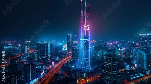 5G network glowing sign over cityscape at night. Digital art representation of next generation connectivity. Technology and communication concept for banner, poster. Aerial city view with copy space.