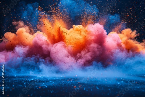 A stunning visual effect of colorful orange and pink clouds exploding against a blue backdrop