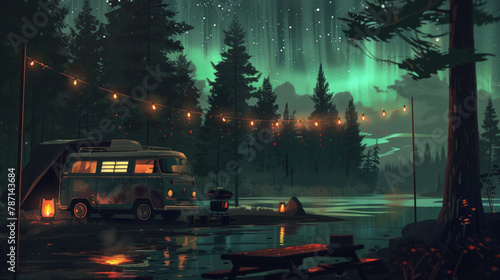 Vintage camper van with lights parked in forest at night with campfire and starry sky. Night camping adventure. Outdoor travel and nature exploration concept. Design for poster, banner.