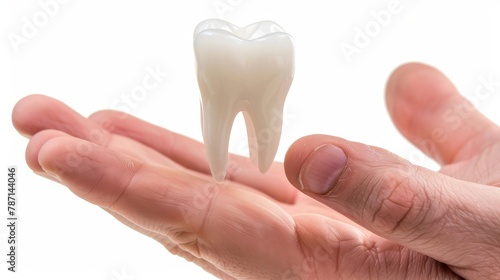 On white isolated background, a human tooth sits between two fingers of both hands.