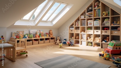 Cozy attic playroom with wooden bookshelves, plush toys