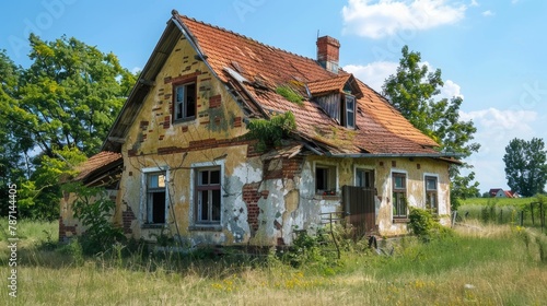 Abandoned house with damaged roof and overgrown vegetation. © Julia Jones