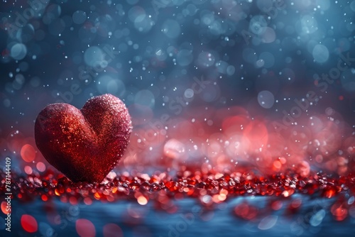 Single red heart with delicate water droplets against a blue-to-red gradient with bokeh lights