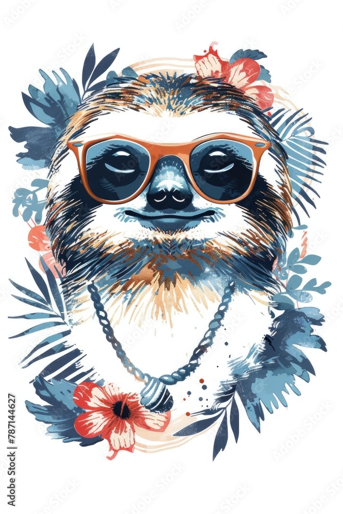 Naklejka premium An adorable sloth illustration in sunglasses, surrounded by a tropical floral motif
