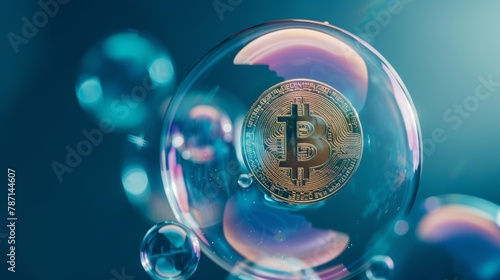 Investing in bitcoins involves risks and dangers in a soap bubble on a blue background.