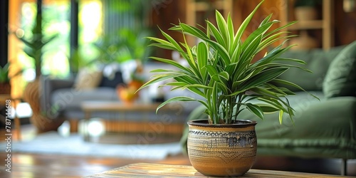 A lush green plant in a flower pot, adding freshness and natural beauty to the interior. photo
