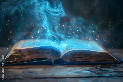 An open book lying on rustic wood, its pages aglow with golden particles and a mysterious blue light