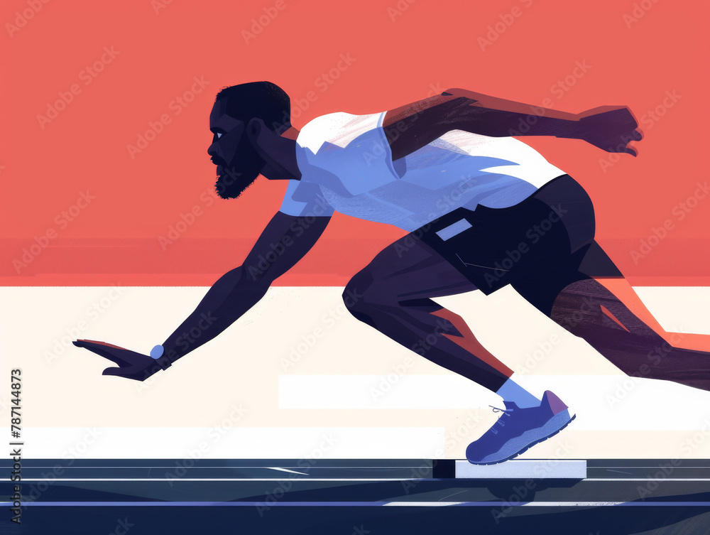 Illustration of a male athlete sprinting at the start of a track race, showcasing dynamic movement and vibrant colors. Illustration of a male athlete sprinting at the start of a track race, showcasing dynamic movement and vibrant colors.