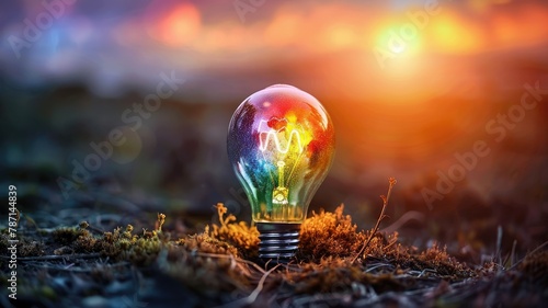 Glowing Light Bulb Representing Innovation and Sustainable Solutions in Natural Setting