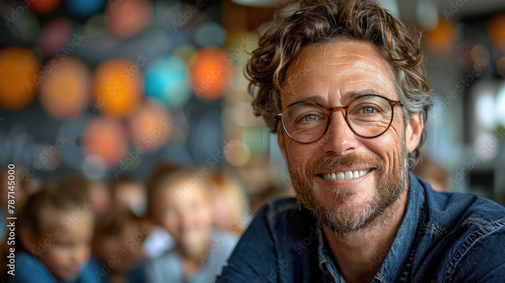 Adult male teacher smiling in front of classroom. Selective focus photography Adult male teacher smiling in front of classroom. Selective focus photography