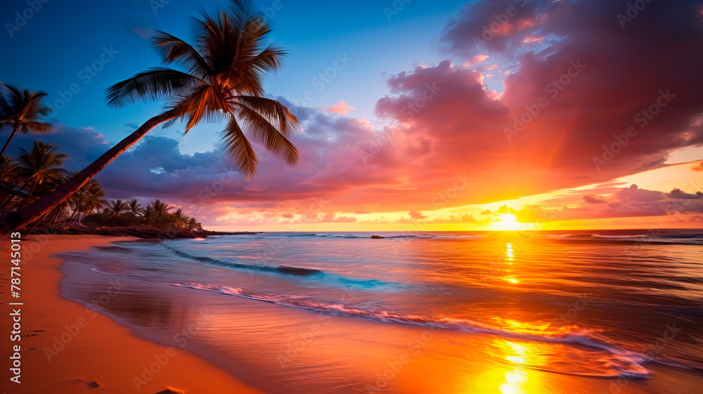 Romantic beach sunset. Palm tree majestic clouds sky.