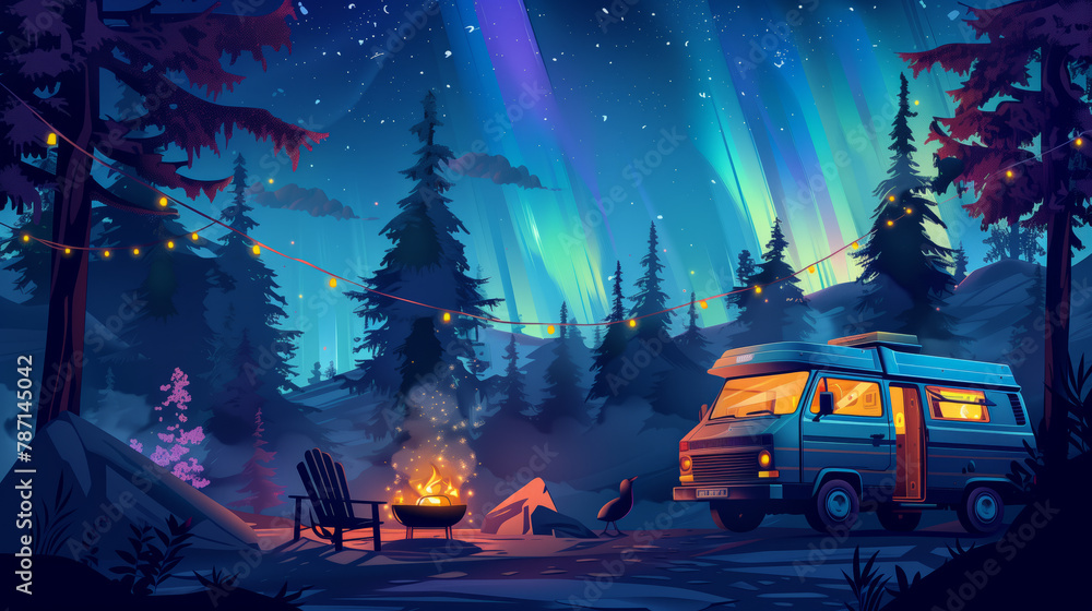 Vintage camper van with lights parked in forest at night with campfire ...