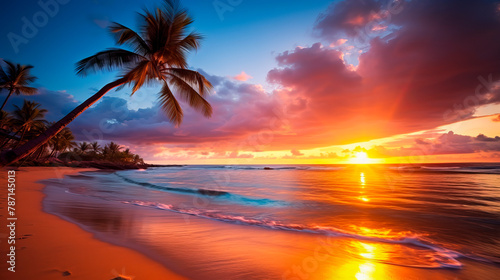Romantic beach sunset. Palm tree majestic clouds sky.