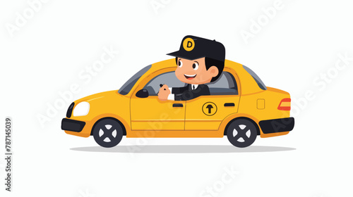 Boy taxi driver in black uniform and cap drives a toy