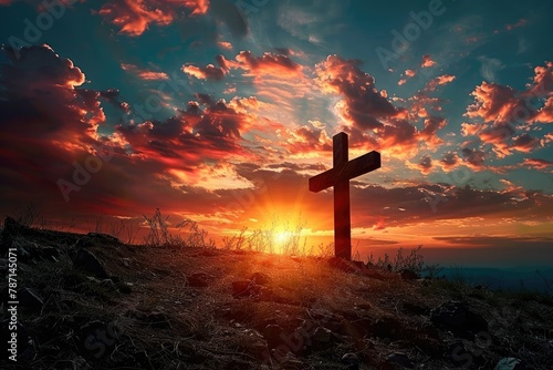 Awe-Inspiring Sunset Silhouette of Christian Cross Amidst Dramatic Heavenly Skies Symbolizing Spiritual Devotion and Eternal Hope