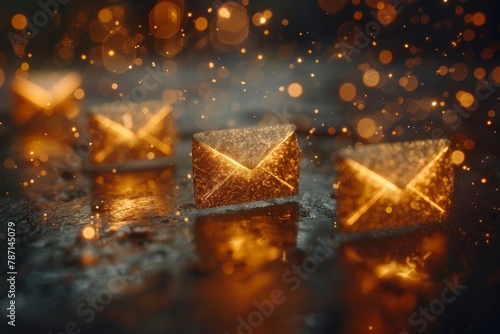 Three glowing envelopes on a rain-soaked surface offer a dreamlike vision of communication and connectivity