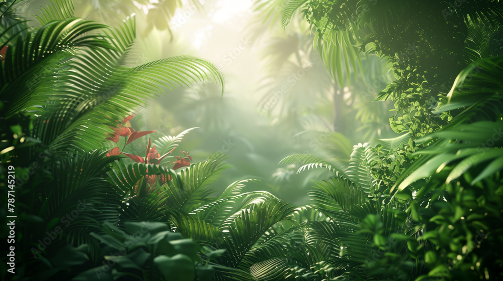 Lush green tropical rainforest with sunlight filtering through. Nature and jungle exploration concept. Design for environmental awareness, eco-tourism, and travel brochures.
