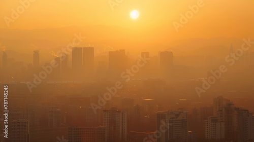 A city skyline is shrouded in a thick layer of smog making it difficult to see the sun. This smog is a result of the emissions from the numerous biodiesel factories tered throughout .