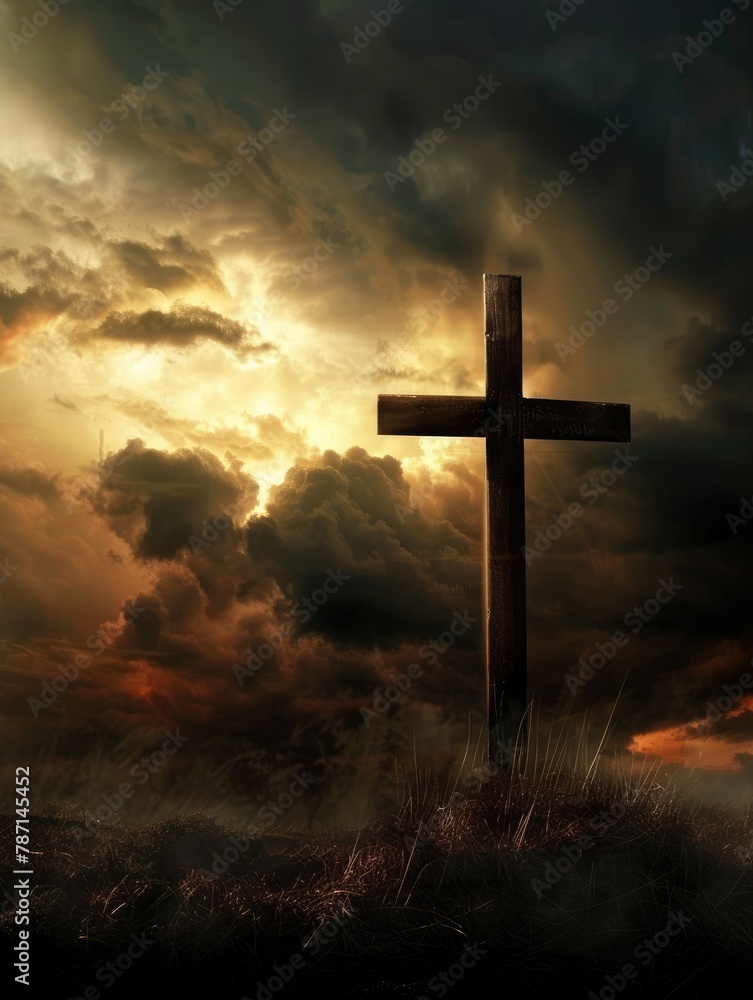 Dramatic Sunset Cross Silhouette Against Cloudy Sky Representing Faith and Spirituality