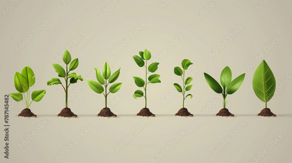 Stages of plant growth from seedling to mature plant with leaves ...