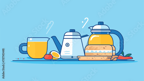 Breakfast elements set in flat style isolated on blue