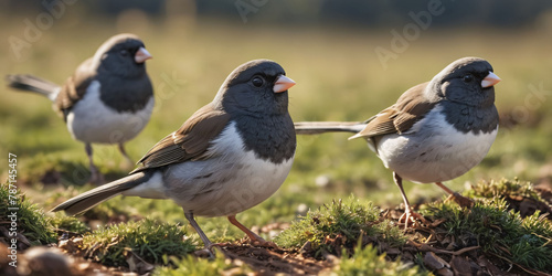 Three Dark-Eyed Juncos Rest on a Grassy Field. Three dark-eyed juncos with gray heads and backs and white bellies rest on a grassy field under a clear blue sky. photo