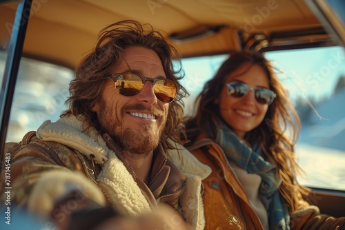 A happy pair with sunglasses are pictured in a warm, sunlit vehicle possibly on a road trip or adventure