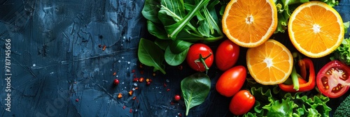 Fresh and Colorful Assortment of Organic Fruits and Vegetables on Rustic Wooden Table with Concrete Background