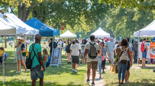 Fototapeta Naklejka Na Ścianę i Meble -  Outdoor summer fair with diverse people walking between booths.