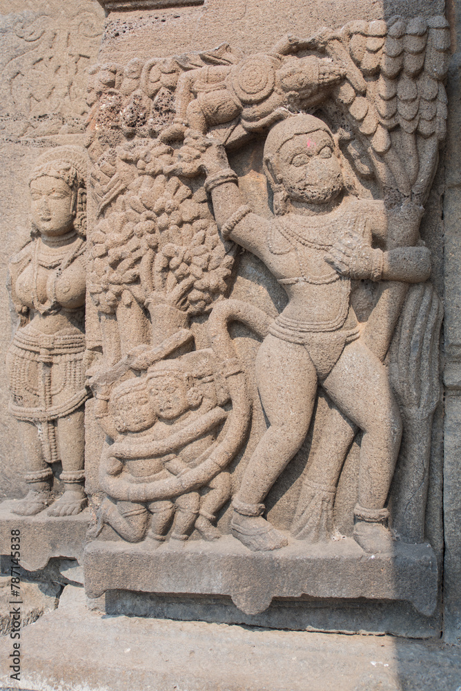 Sculptures or carvings of Ramayana on the outer wall of Lord Vishnu temple. Located in the backwater of Ujjani Dam, Palasdev, Indapur, Maharashtra, India.