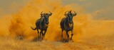 Two wildebeest are galloping through a picturesque grassland, their hooves kicking up sand as they make their way across the natural landscape