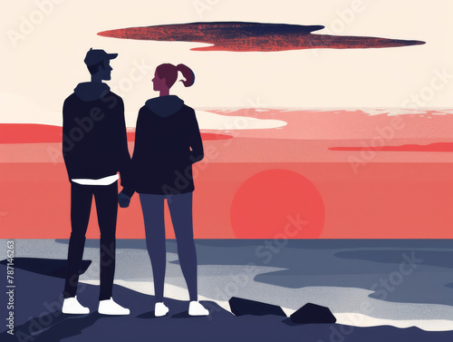 Illustration of a couple holding hands, looking at a sunset with a large cloud overhead.