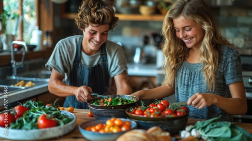 Children preparing salad in modern kitchen. National Siblings Day