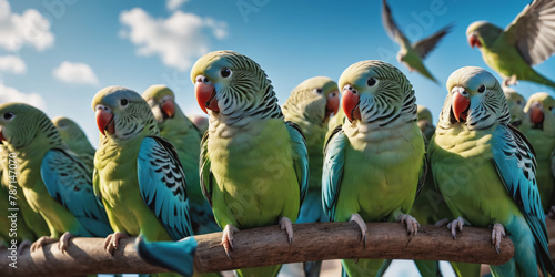 Parakeets Huddled on a Branch. A group of green parakeets with blue wings huddle together on a thin branch. photo