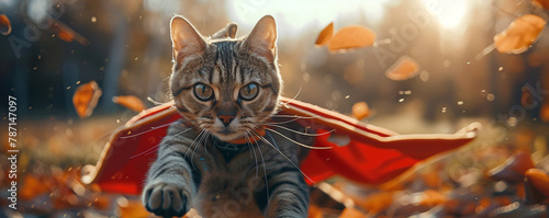 A super cat with a cape and mask flies, copy space. 