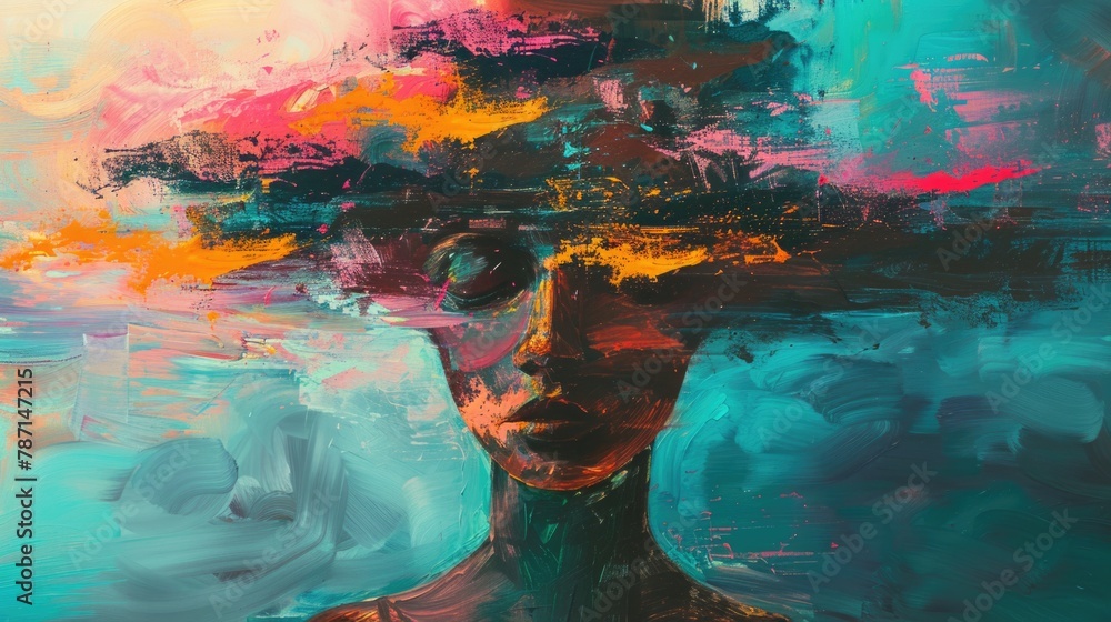 Abstract portrait of a woman with colorful paint splashes. National Mental Health Awareness