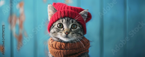 A sweet kitty in festive attire stands against a solid background, inviting copy space. 