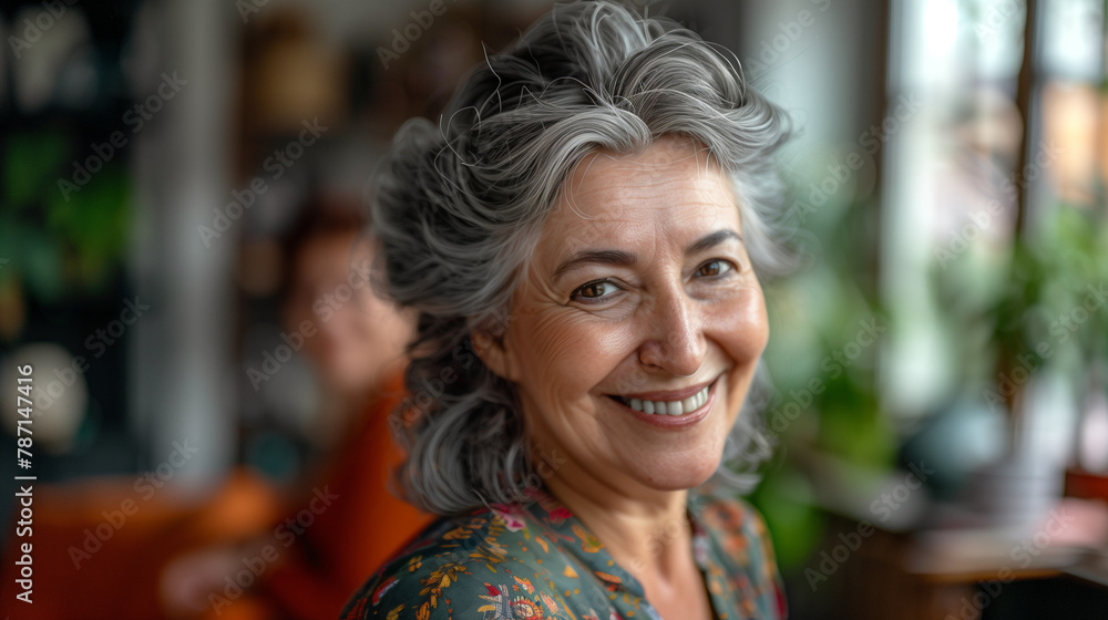 Smiling mature woman with gray hair.